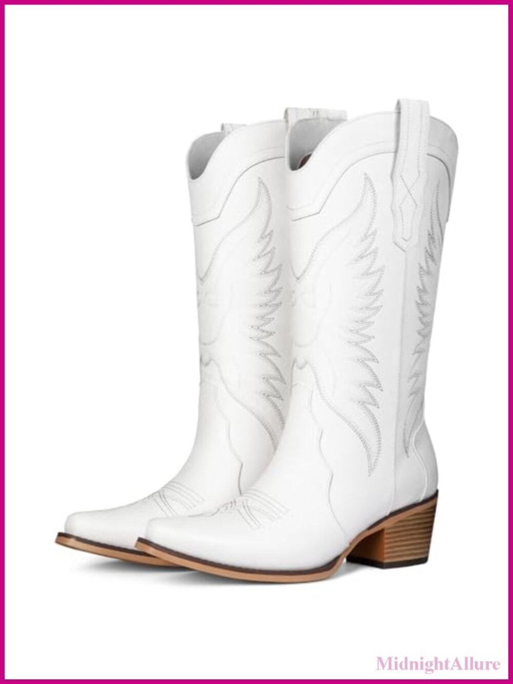 Faux Leather Western Cowboy Boots Snip Toe Mid Calf Chunky Heel